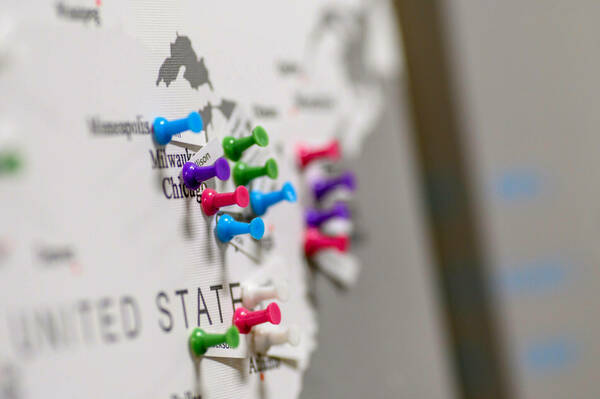 Push Pin's adorn a map of the midwest.