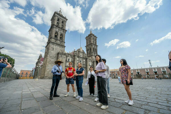 Professor Eva Dziadula and students tour the Basilica Cathedral of Puebla in Puebla, Mexico.